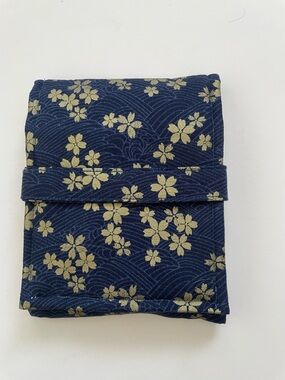 Blue gold sakura flower japanese fabric fountain pen pouch case new